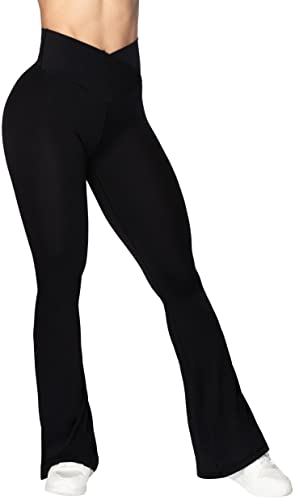 Sunzel Flare Leggings, Pantalon de yoga croisé pour femme avec contrôle du ventre, taille haute et jambe large Noir