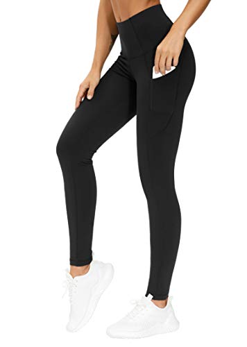 THE GYM PEOPLE Pantalones de yoga gruesos de cintura alta con bolsillos, control de barriga, entrenamiento, correr, yoga, leggings para mujer (XL, negro)