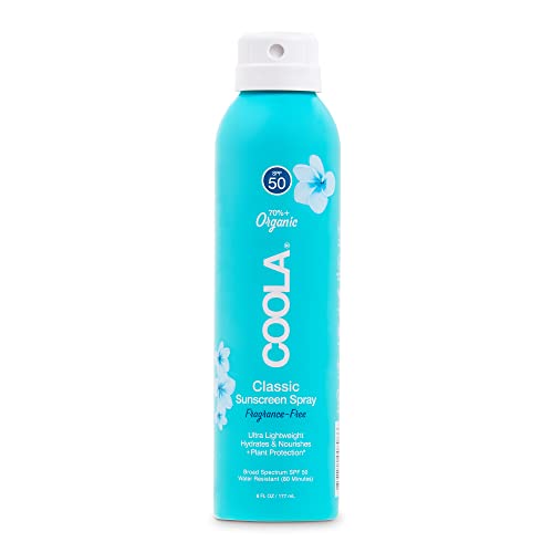 COOLA Spray solaire bio SPF 50, soin de la peau testé dermatologiquement pour une protection quotidienne, végétalien et sans gluten, sans parfum, 6 fl oz