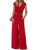 dowerme Ladies 2024 Summer Tracksuit Fashion Cap Sleeve Tie Waist Shirts Loose Flowy Long Pant Travel Outfits For Women(Red,Medium)