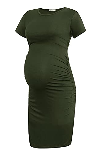 Smallshow Vestido premamá de manga corta para mujer, ropa de embarazo fruncida, tamaño mediano, verde militar