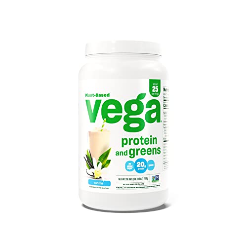Vega Protein and Greens Protein Powder, Vanilla - 20 oz de proteína a base de plantas más verduras, vegano, sin OMG, proteína de guisante para mujeres y hombres, 1.7 libras (el embalaje puede variar)