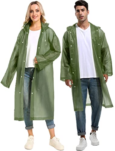 Rain Ponchos for Adults Reusable - Borogo 2Pcs Raincoats Emergency Survival with Hoods and Sleeves for Women Men Green