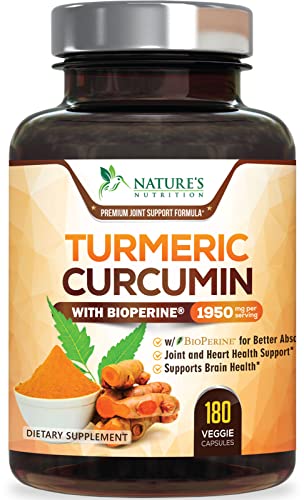 Turmeric Curcumin with BioPerine 95% Standardized Curcuminoids 1950mg - Black Pepper Extract for Max Absorption, Nature's Joint Support Supplement, Herbal Turmeric Pills, Vegan Non-GMO - 180 Capsules