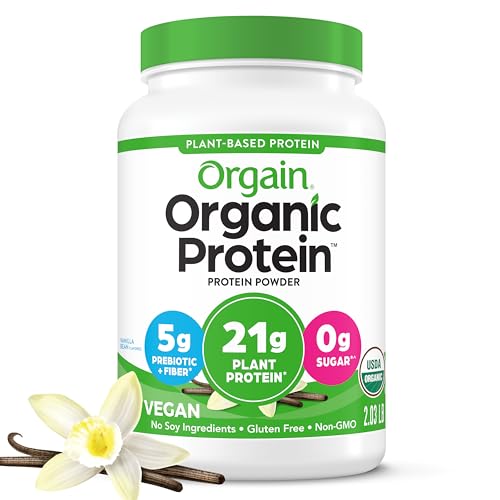 Polvo de proteína vegana orgánica Orgain, vainilla - 21 g Proteína a base de plantas, sin gluten, sin lácteos, sin lactosa, sin soja, sin azúcar añadido, Kosher, para batidos y batidos - 2.03 lb