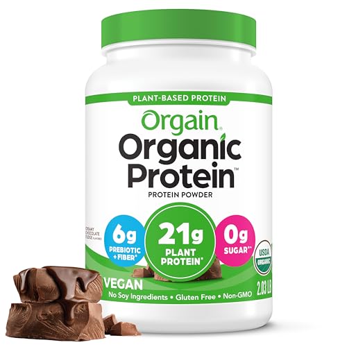 Polvo de proteína vegana orgánica Orgain, dulce de chocolate cremoso - 21 g Proteína a base de plantas, sin gluten, sin lácteos, sin lactosa, sin soja, sin azúcar añadido, Kosher, para batidos y batidos - 2.03 lb