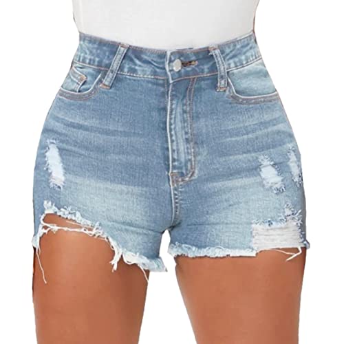 Yyibsones Women Summer High Waisted Casual Ripped Stretchy Denim Shorts Frayed Raw Hem Shorts Jeans (Light Blue 2, XXL)