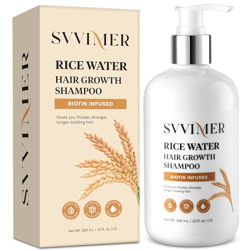 Svvimer Champú para el crecimiento del cabello con biotina: agua de arroz para el crecimiento del cabello, champú espesante natural con romero para la pérdida y adelgazamiento del cabello, para todo tipo de cabello, 10 onzas líquidas
