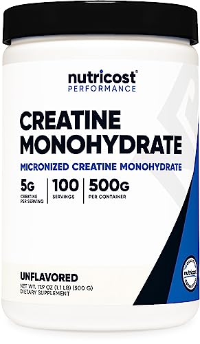 Nutricost creatina monohidrato polvo micronizado 500 g, 5000 mg por servicio (5 g) - monohidrato de creatina micronizada, 100 porciones
