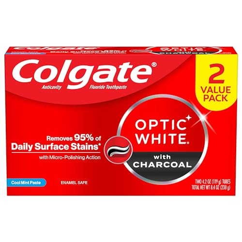 Pasta dental blanqueadora Colgate Optic White Charcoal, menta fresca, apta para esmalte con fluoruro, paquete de 2 tubos de 4.2 oz