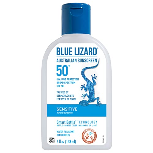 BLUE LIZARD Protector solar mineral sensible con óxido de zinc, SPF 50+, resistente al agua, protección UVA / UVB con tecnología de botella inteligente - Sin fragancia, 5 oz
