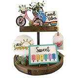 1 Set of Summer Decor Tiered Tray Decoration Summer Hawaii Wood Signs Bike Ice-Cream Beach Tiered Tray Decorations for Home Table Kitchen Shelf (Blue, One Size)
