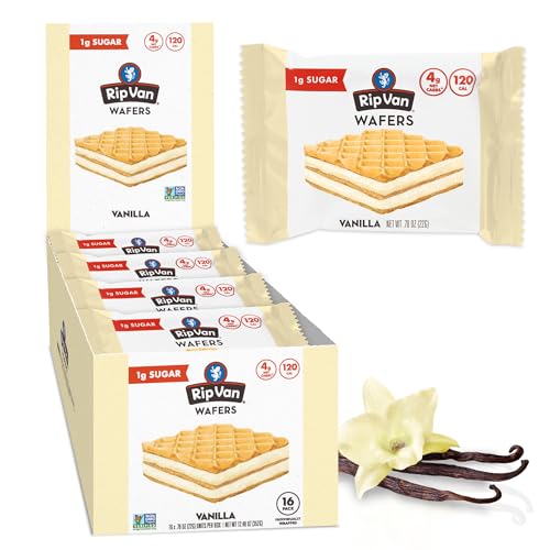 Rip Van Keto Wafer Cookies - Snack vegano saludable - Sin OGM, bajo en carbohidratos, bajo en azúcar (2 g), bajo en calorías - 16 unidades (vainilla)
