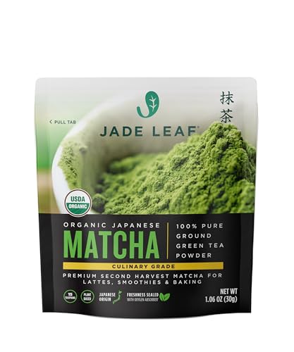 Polvo de té verde orgánico Matcha de hoja de jade, segunda cosecha premium de grado culinario, auténticamente japonés (bolsa de 1.06 onzas)