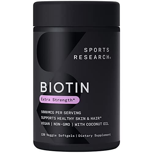 Sports Research Biotine végétalienne 5000 mcg avec huile de noix de coco biologique - Biotine extra forte Vitamine B7 pour des cheveux et une peau plus sains + support à la kératine - Sans OGM et sans gluten, 120 gélules (approvisionnement de 4 mois)