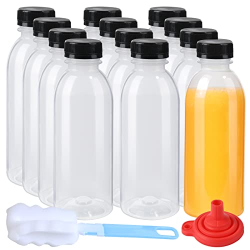 zmybcpack Paquete de 12 botellas de jugo de plástico PP resistentes al calor de 16 oz con tapas, botellas de plástico para batidos, recipientes reutilizables para bebidas a granel con tapas para jugo, bebidas (apto para lavavajillas)
