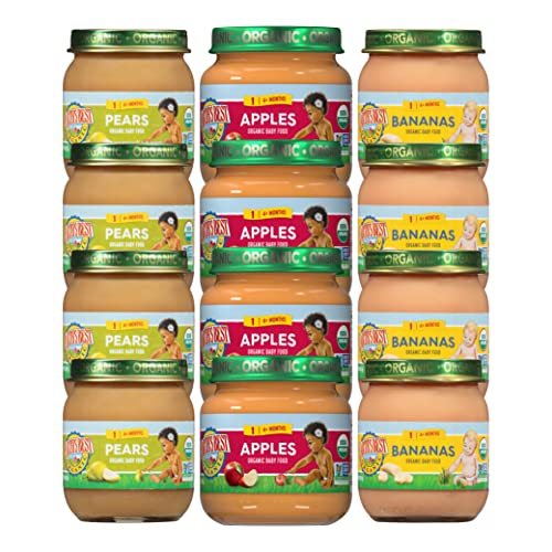 Earth's Best Organic Baby Food Jars, etapa 1 puré de frutas para bebés de 4 meses y mayores, paquete de variedad de frutas orgánicas, tarro de vidrio resellable de 4 oz (paquete de 12)