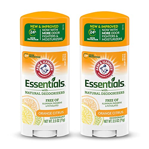 Desodorante ARM & HAMMER Essentials, naranja cítrico, ovalado sólido, fabricado con desodorantes naturales, libre de aluminio, parabenos y ftalatos, 2.5 oz (paquete de 2)