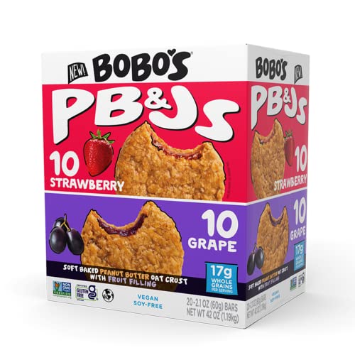 Bobo's Paquete variado de bocadillos de avena con mantequilla de maní y gelatina, 10 con sabor a uva, 10 con sabor a fresa, refrigerio saludable para todos los días
