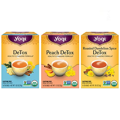 Yogi Tea Herbal DeTox Variety Pack - 16 sachets de thé par paquet (3 paquets) - Échantillon de thé détox biologique - Comprend du thé DeTox, du thé DeTox à la pêche et du thé DeTox aux épices de pissenlit rôti - Assortiment de thé