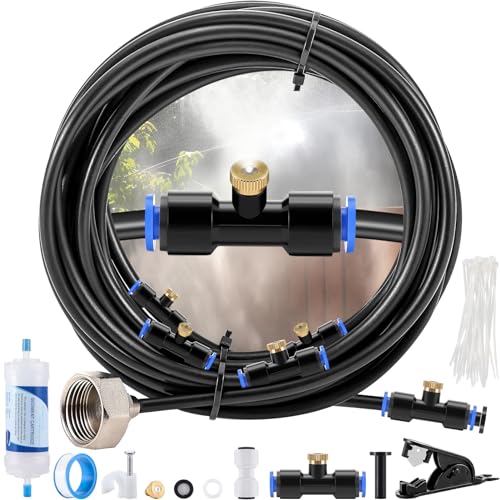 CEED4U Misters with Water Filter for Outside Patio Misting Cooling System, 26FT (8M) Misting Line + 10 Copper Nozzles + Brass Adapter, Outdoor Mister for Garden Greenhouse Accessories