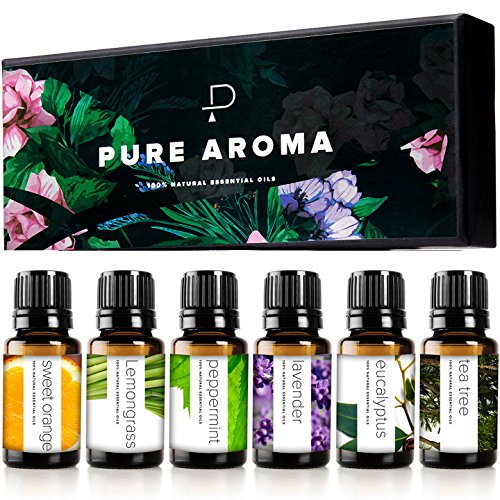 Aceites esenciales de PURE AROMA Kit de aceites 100% puros - Juego de regalo de los 6 mejores aceites de aromaterapia - Paquete de 6, 10ML (eucalipto, lavanda, hierba de limón, naranja, menta, árbol de té)