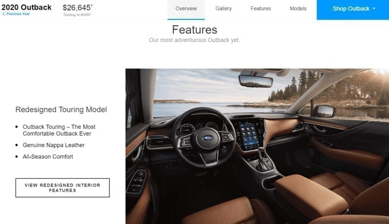 Screenshot of Subaru's product description for the Outback vehicle.