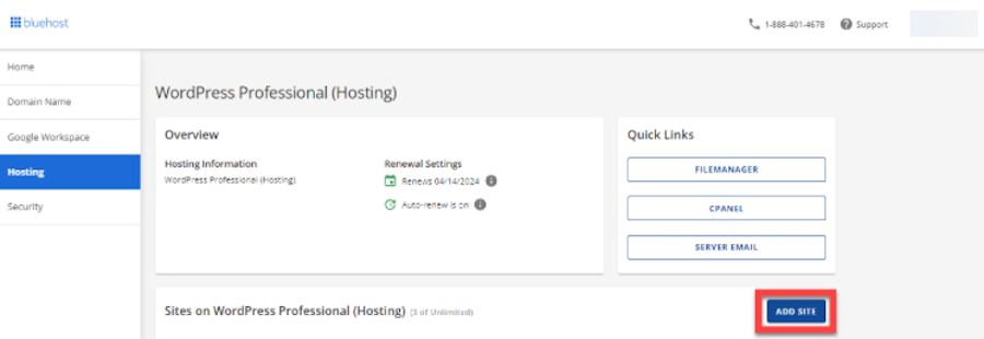 bluehost add site