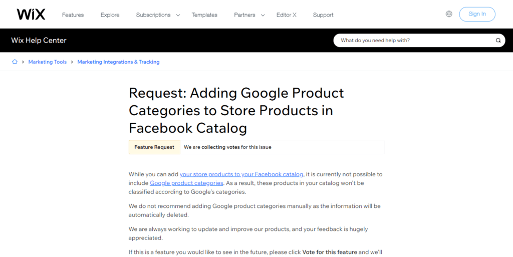 Demander l'ajout de catégories de produits Google pour stocker des produits dans le catalogue Facebook Centre d'Assistance Wix.com