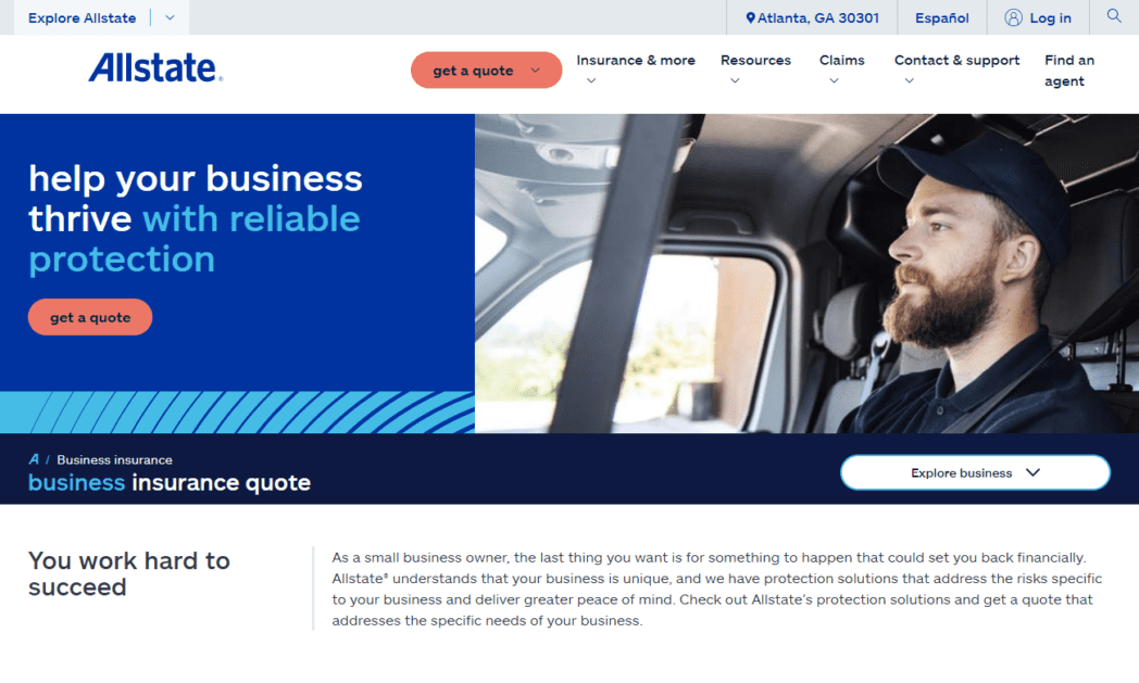 Página de inicio de seguros comerciales de Allstate