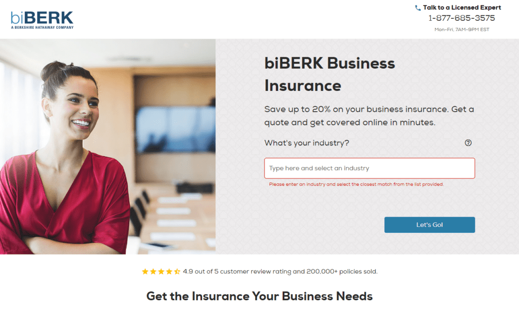 Página de inicio de seguros comerciales de BiBERK