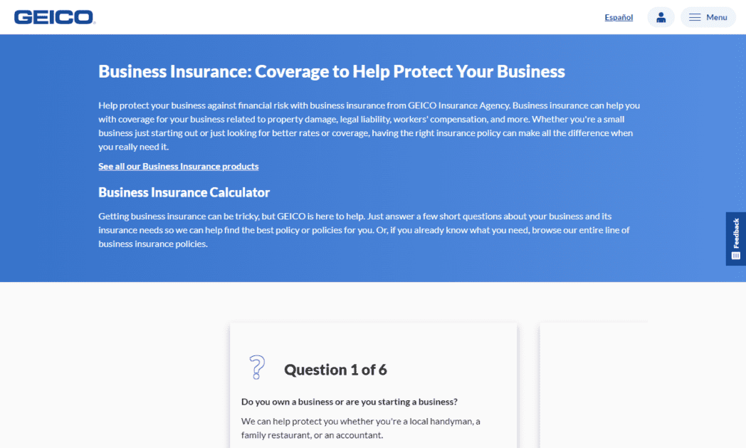 Page d'accueil de l'assurance entreprise Geico