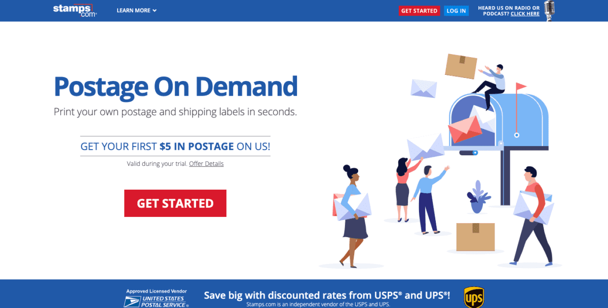 Page d'accueil de Stamps.com